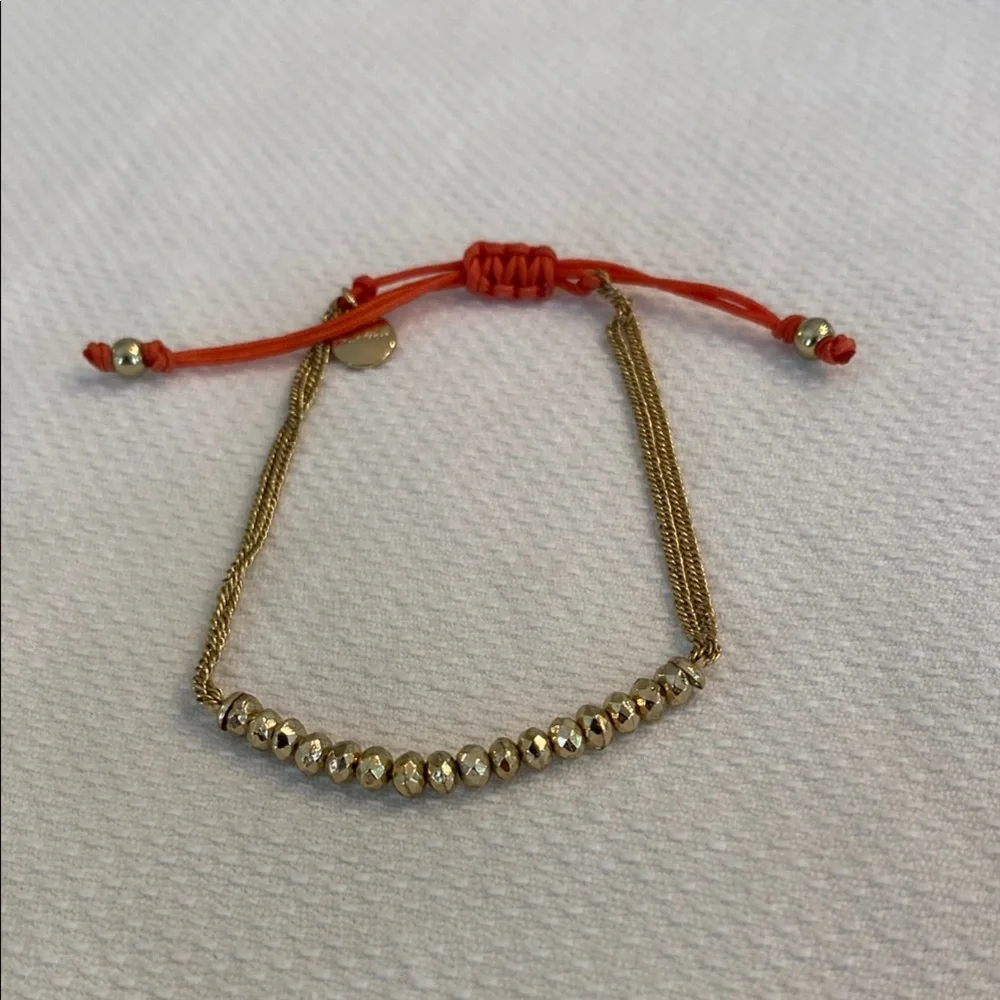 Stella&Dot Gold Bead Double Chain Orange Cord Adjustable Pulley Bracelet Retired